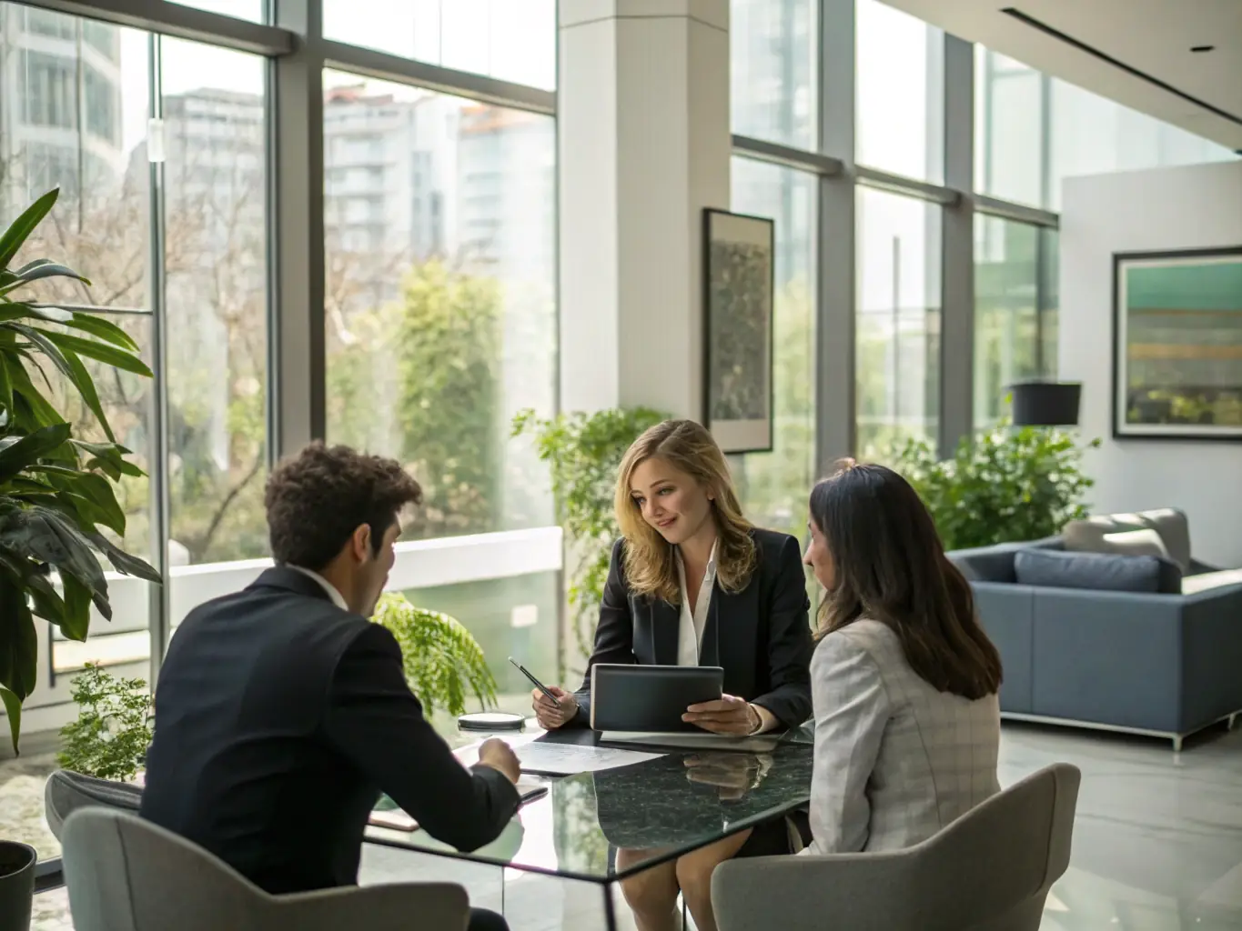 A professional consultant discussing property options with clients in a modern office setting, emphasizing PrimeEstate's commitment to personalized service.