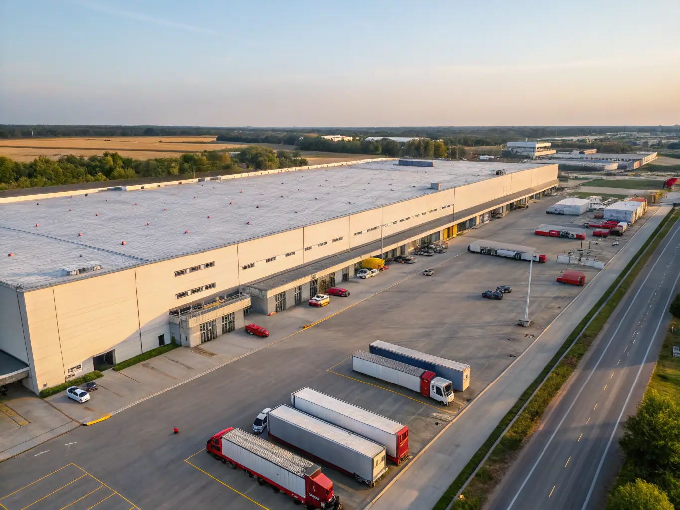 A large industrial warehouse with trucks loading and unloading, symbolizing investment in logistics and distribution.