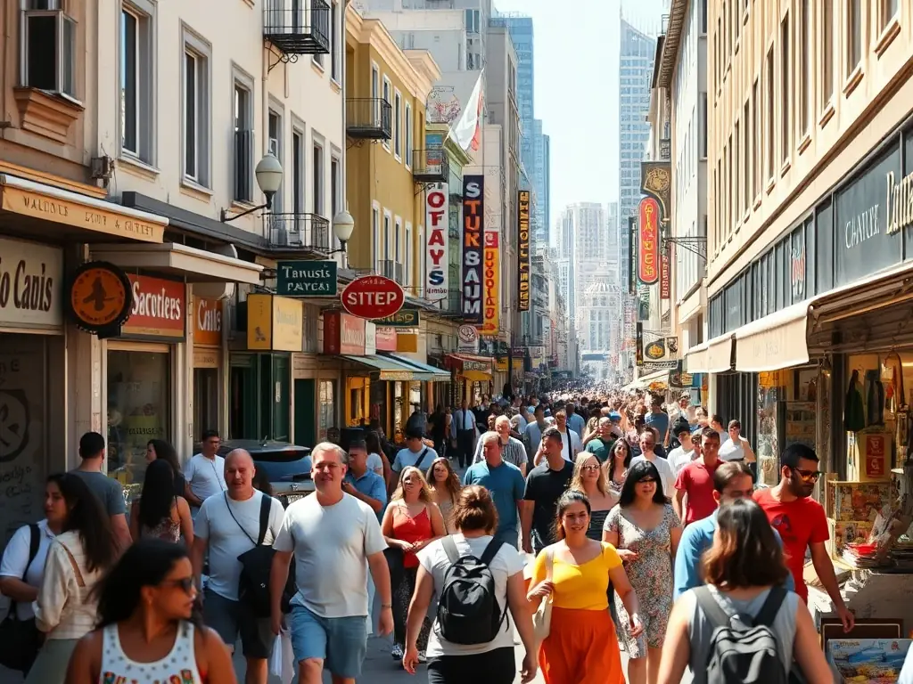 A bustling retail location with storefronts and pedestrian traffic, highlighting a vibrant commercial atmosphere.