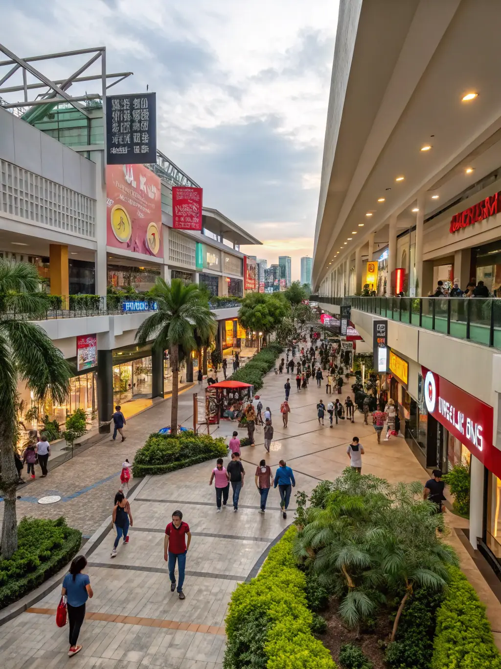 A bustling retail center with diverse shops and restaurants, capturing the vibrant atmosphere and potential for high foot traffic, representing a lucrative retail property investment.