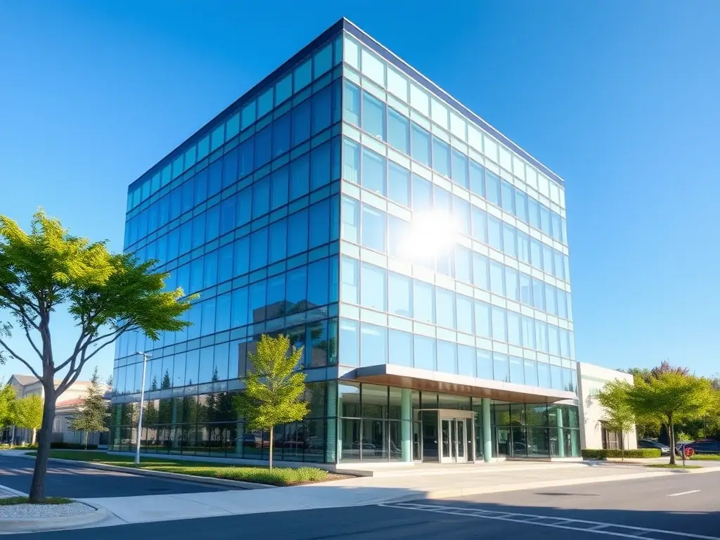 A modern office building with glass facade during daytime, showcasing a professional and sleek environment.
