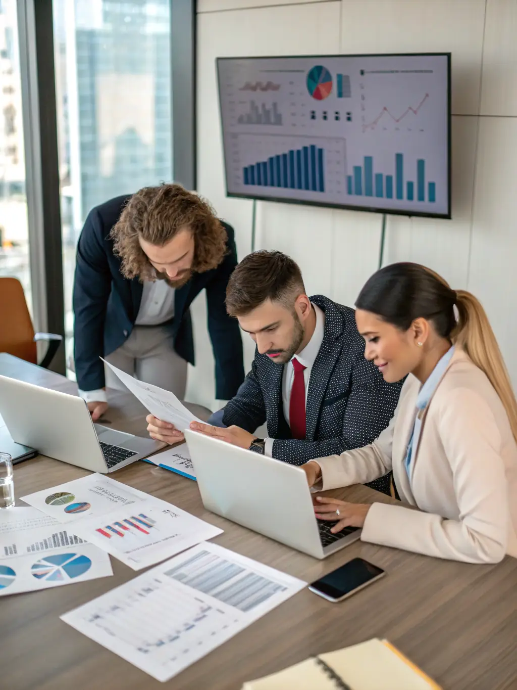 A team of real estate professionals analyzing market data and investment opportunities for PrimeEstate.