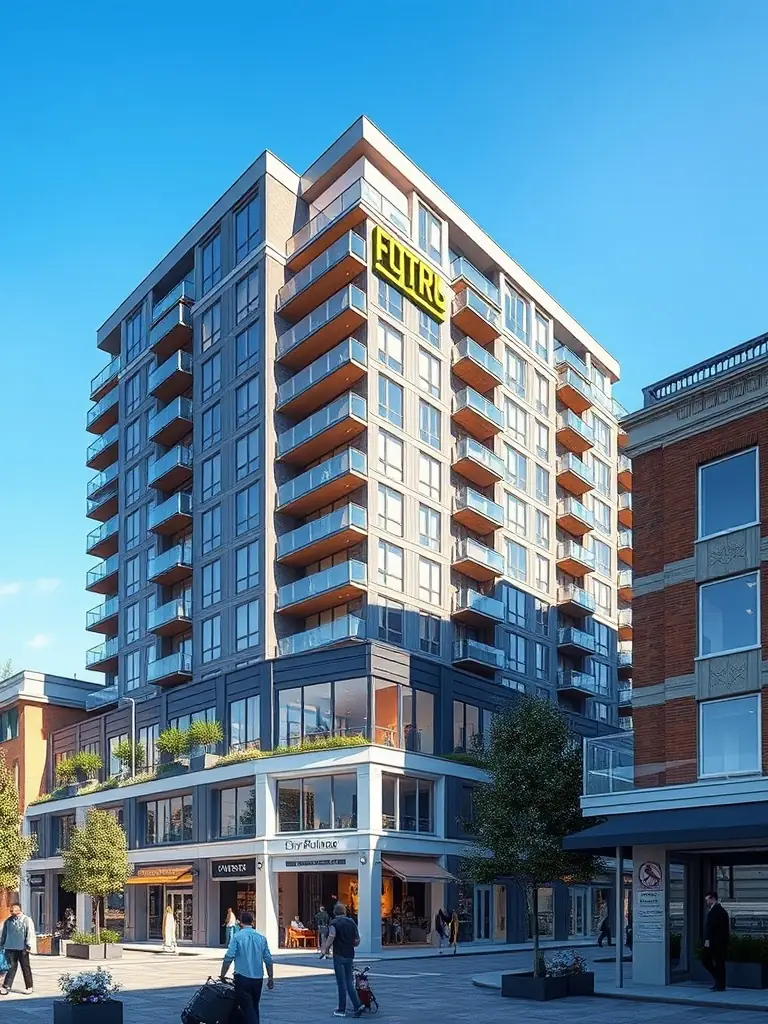 A mixed-use development featuring residential apartments above retail shops, creating a dynamic urban environment, suitable for PrimeEstate's mixed-use property investments.