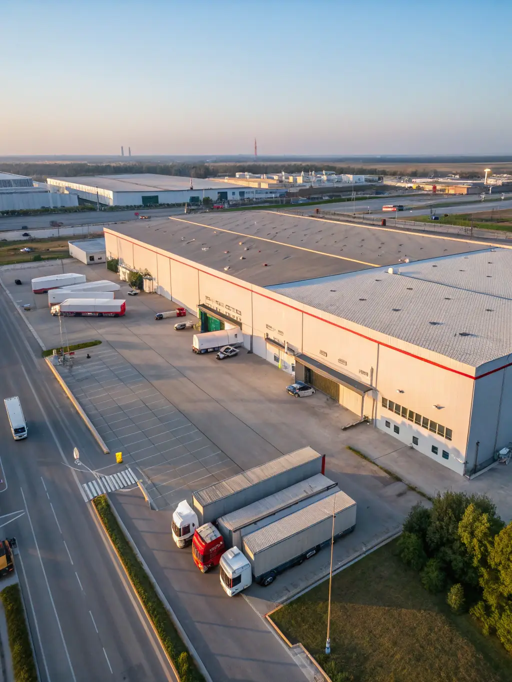 A large industrial warehouse with loading docks and trucks, representing a logistics and distribution hub, perfect for PrimeEstate's industrial property listings.