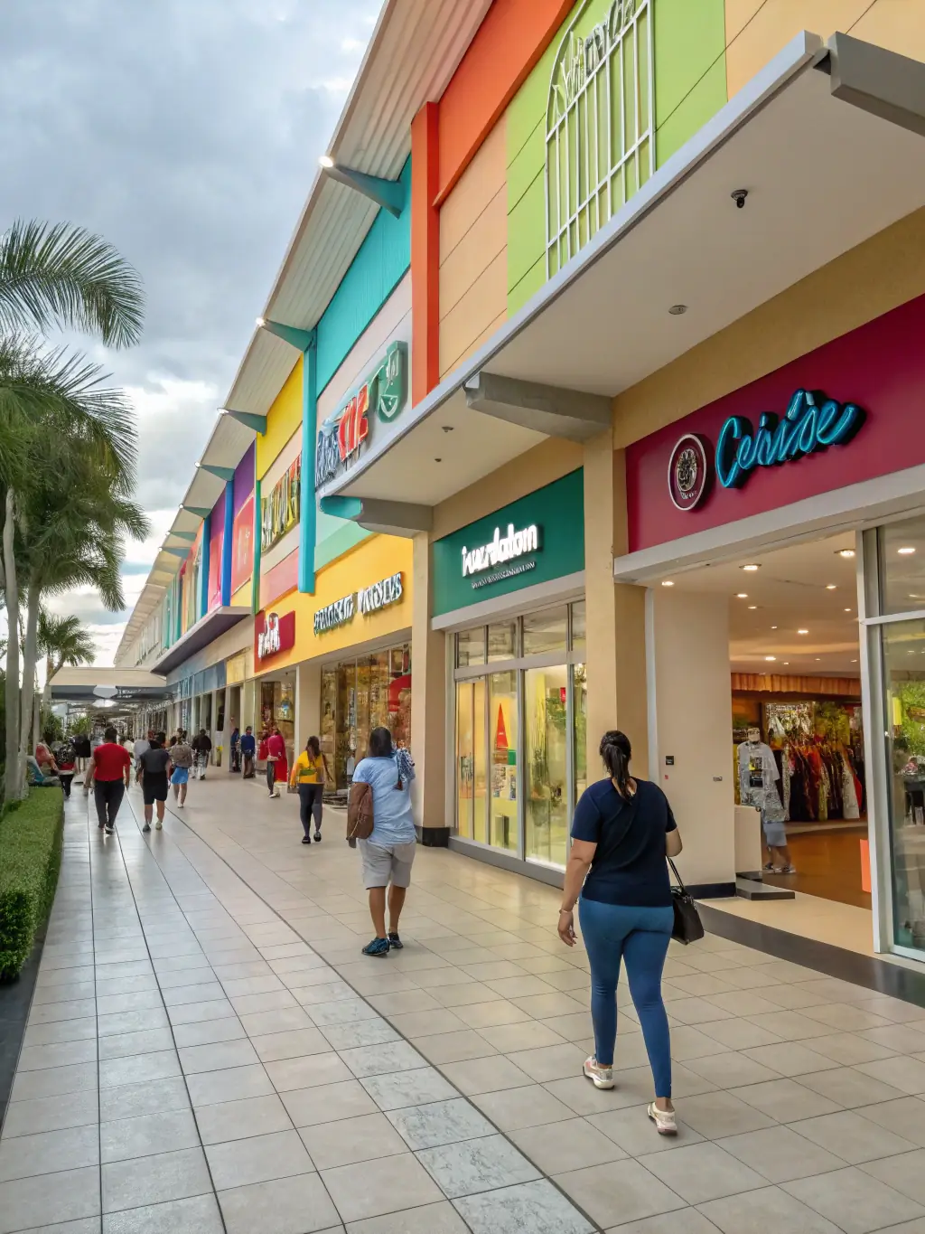 A vibrant retail space with storefronts and pedestrian traffic, illustrating a bustling commercial area, ideal for PrimeEstate's retail property offerings.