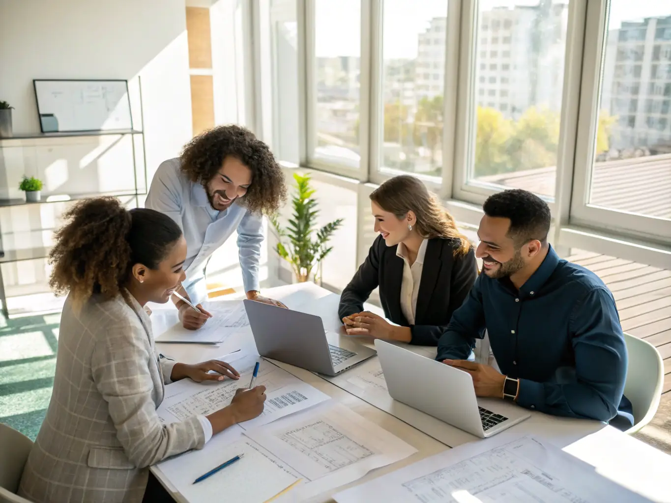 An image of a team of real estate professionals in a meeting, discussing investment strategies and property acquisition.