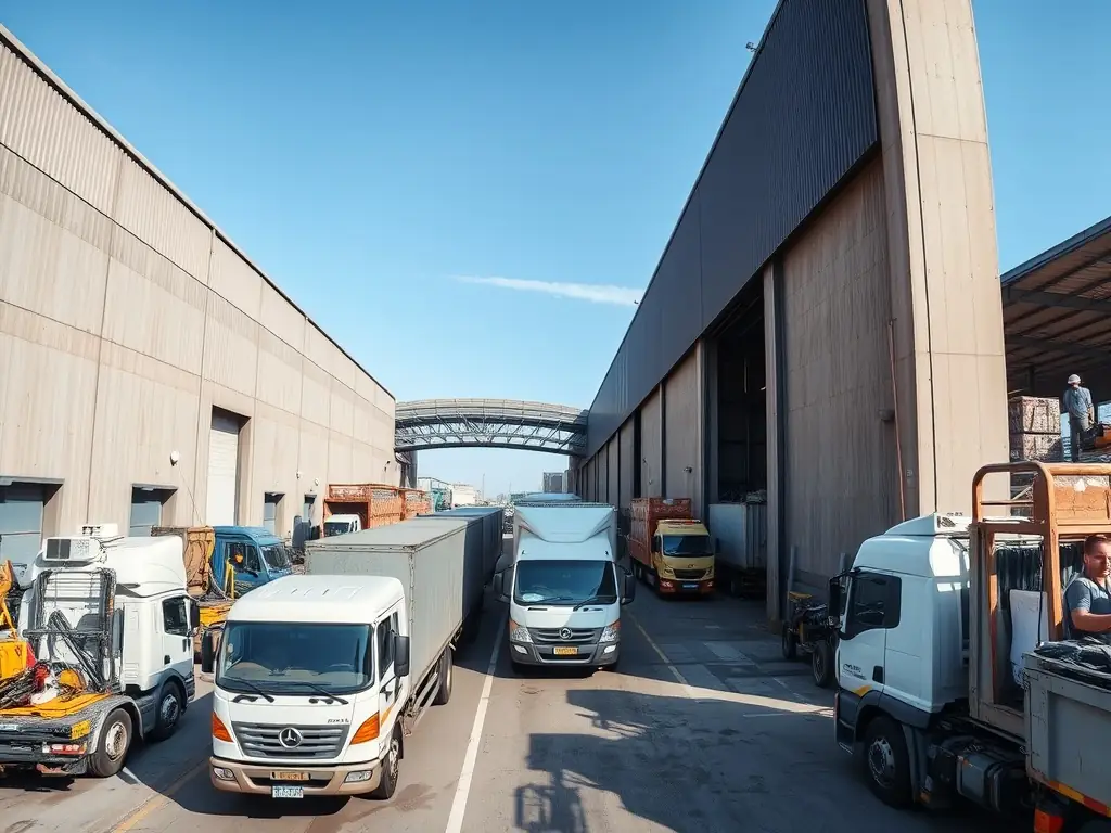 A large industrial building with loading docks and trucks, emphasizing functionality and logistical efficiency.