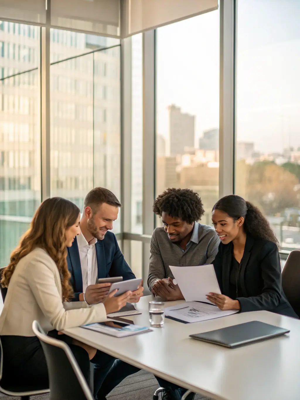 A diverse group of professionals negotiating a lease agreement in a modern office setting, representing leasing solutions.
